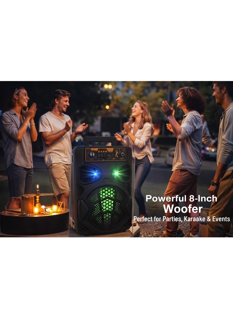 مكبر صوت بلوتوث محمول CI-192B مقاس 8 إنش مع ميكروفون لاسلكي – إضاءة LED، يدعم USB/TF/AUX/FM، بطارية قابلة للشحن، مثالي للحفلات والكاريوكي - Image 3